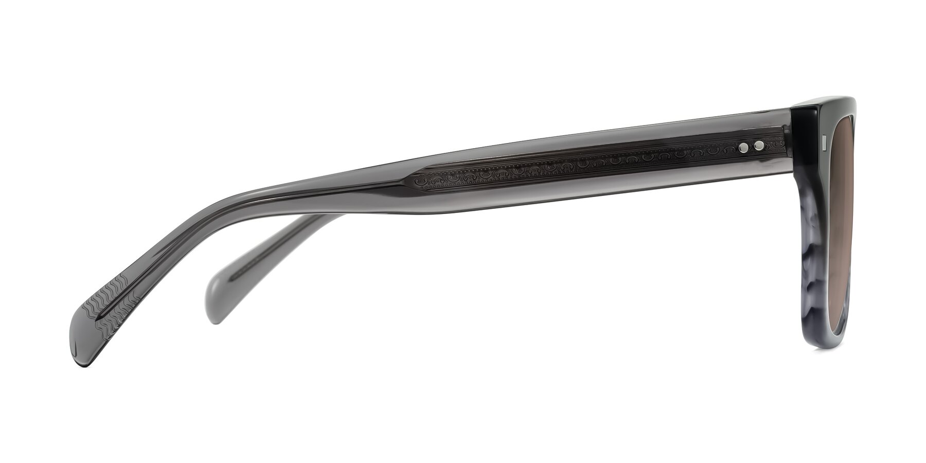 Side of Emas in Gray Striped with Medium Brown Tinted Lenses