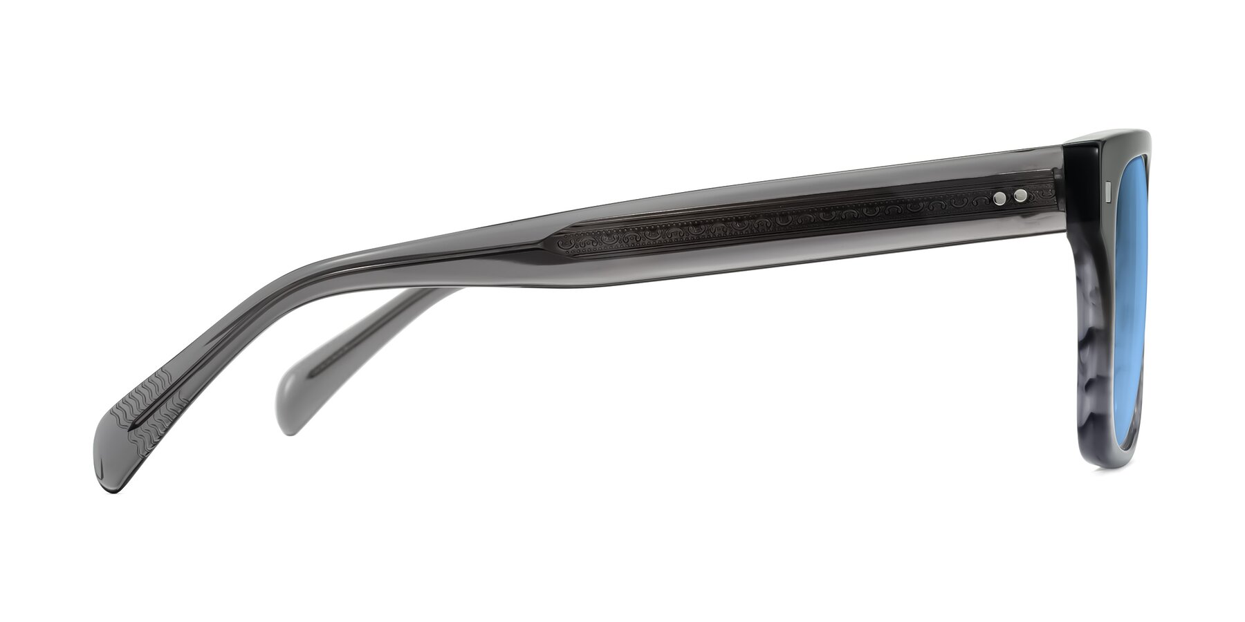 Side of Emas in Gray Striped with Medium Blue Tinted Lenses