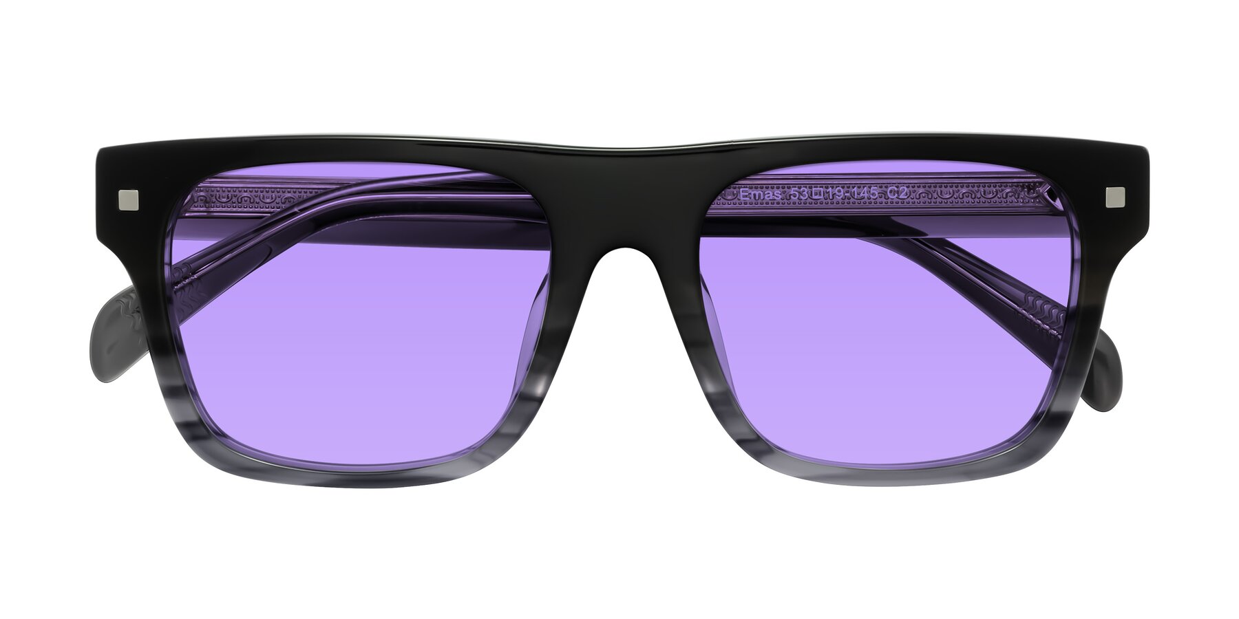 Folded Front of Emas in Gray Striped with Medium Purple Tinted Lenses