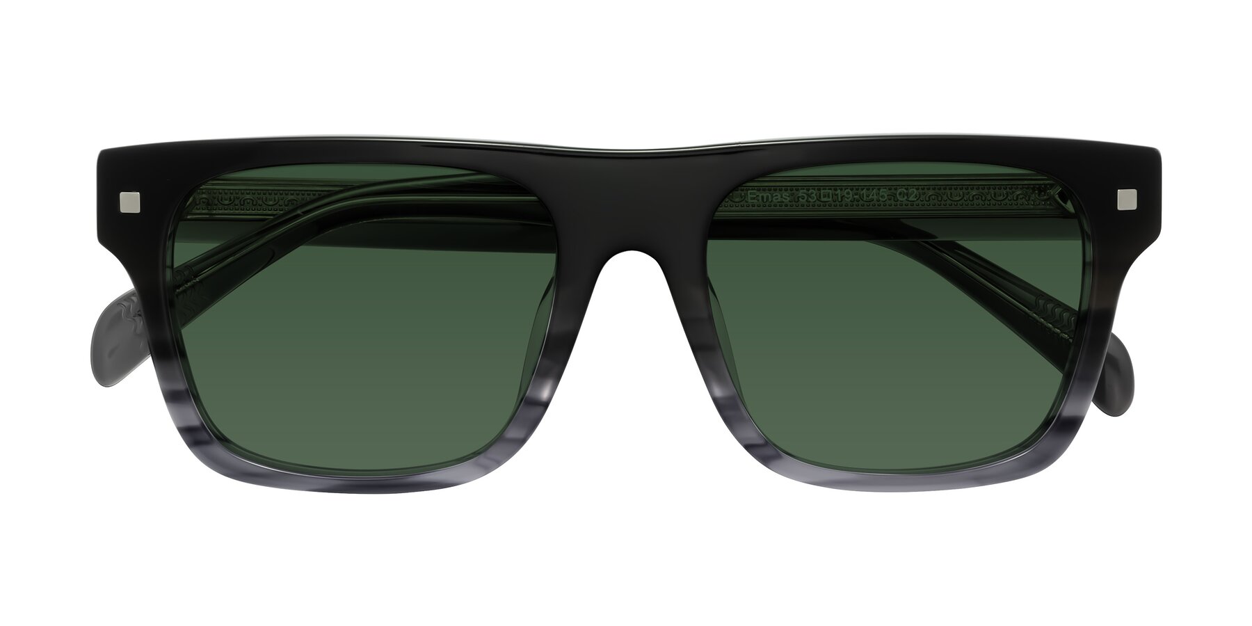 Folded Front of Emas in Gray Striped with Green Tinted Lenses