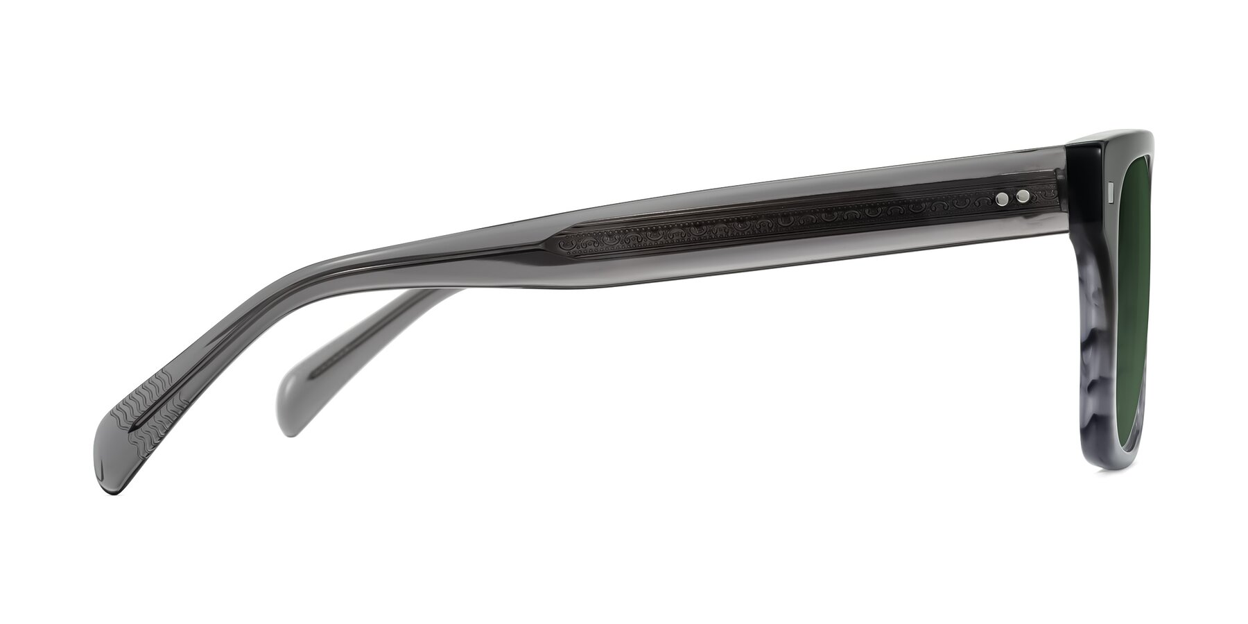 Side of Emas in Gray Striped with Green Tinted Lenses