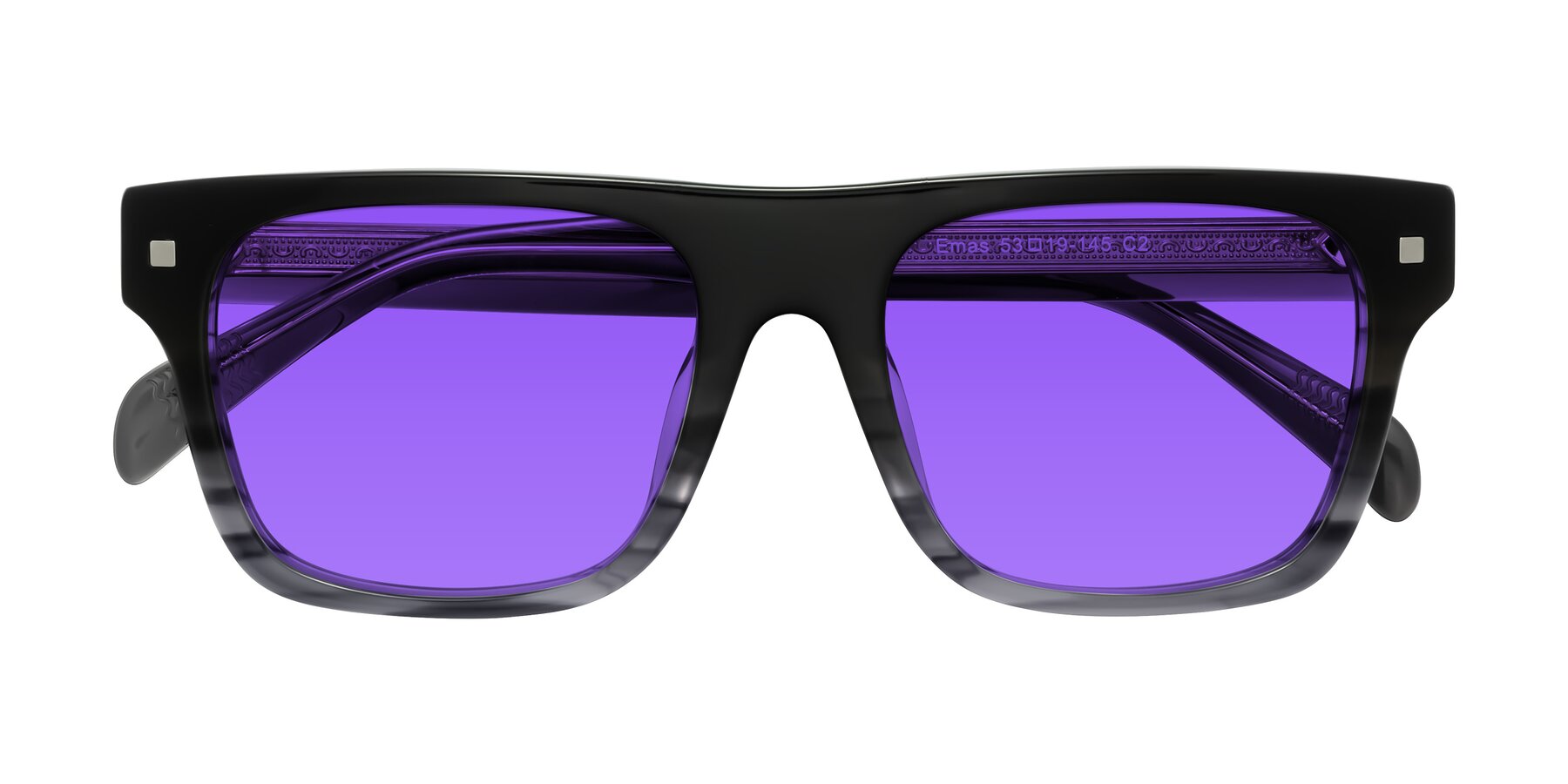 Folded Front of Emas in Gray Striped with Purple Tinted Lenses