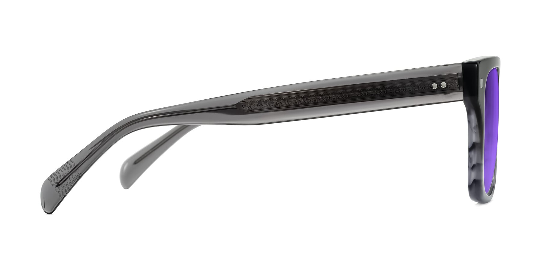 Side of Emas in Gray Striped with Purple Tinted Lenses