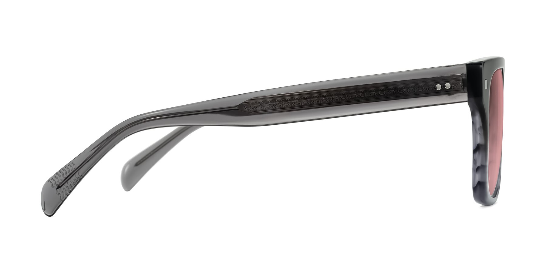 Side of Emas in Gray Striped with Medium Garnet Tinted Lenses