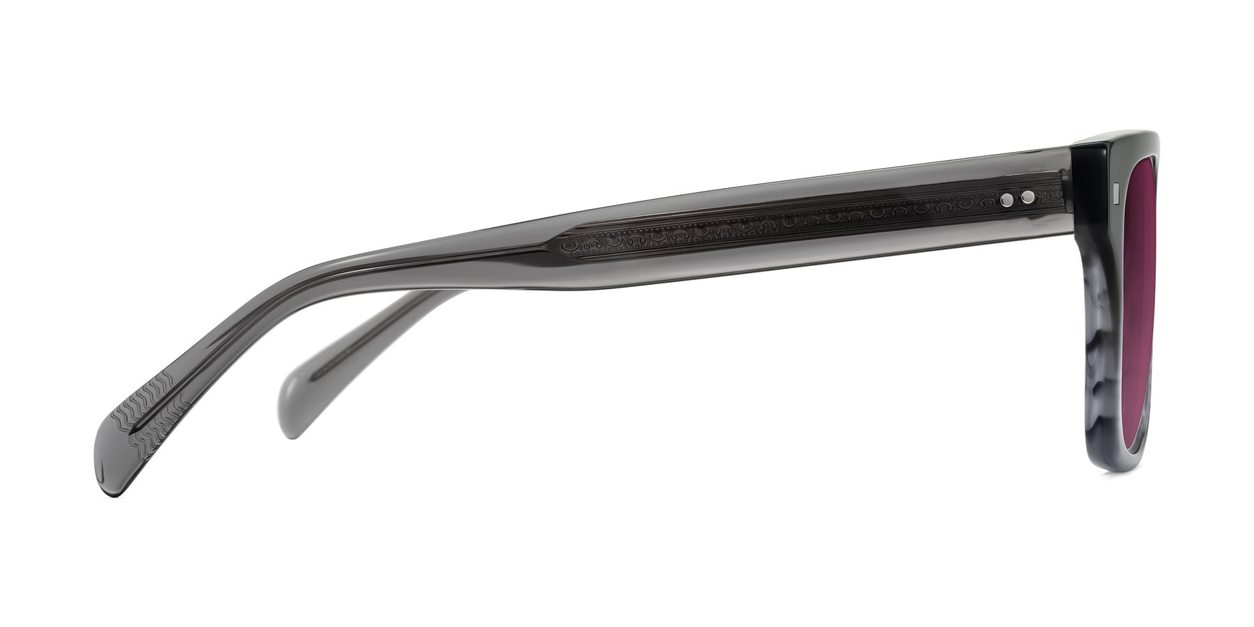 Side of Emas in Gray Striped with Wine Tinted Lenses