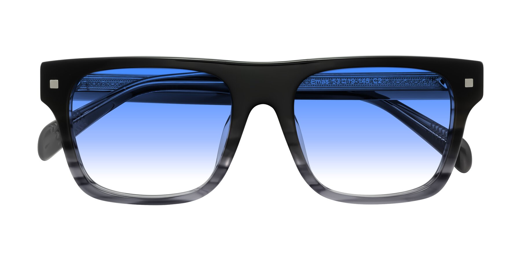 Folded Front of Emas in Gray Striped with Blue Gradient Lenses