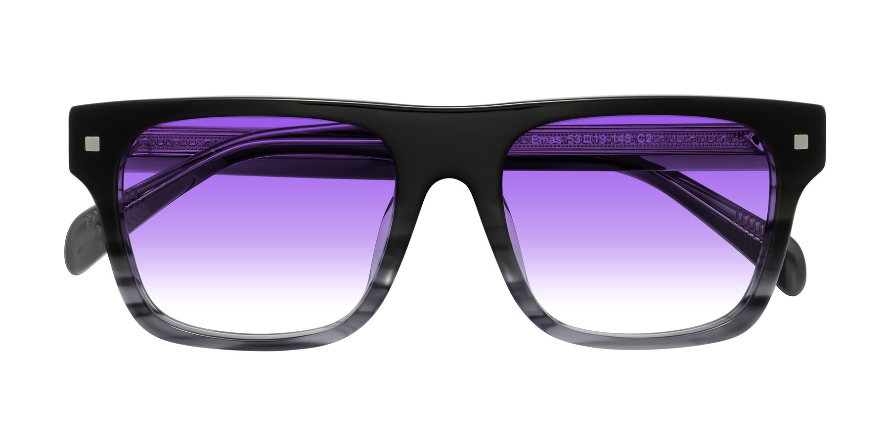 Folded Front of Emas in Gray Striped with Purple Gradient Lenses