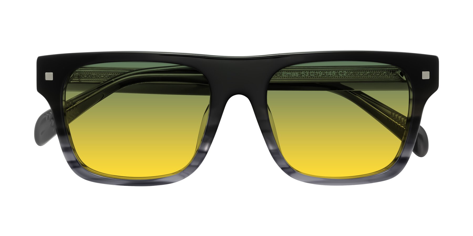 Folded Front of Emas in Gray Striped with Green / Yellow Gradient Lenses