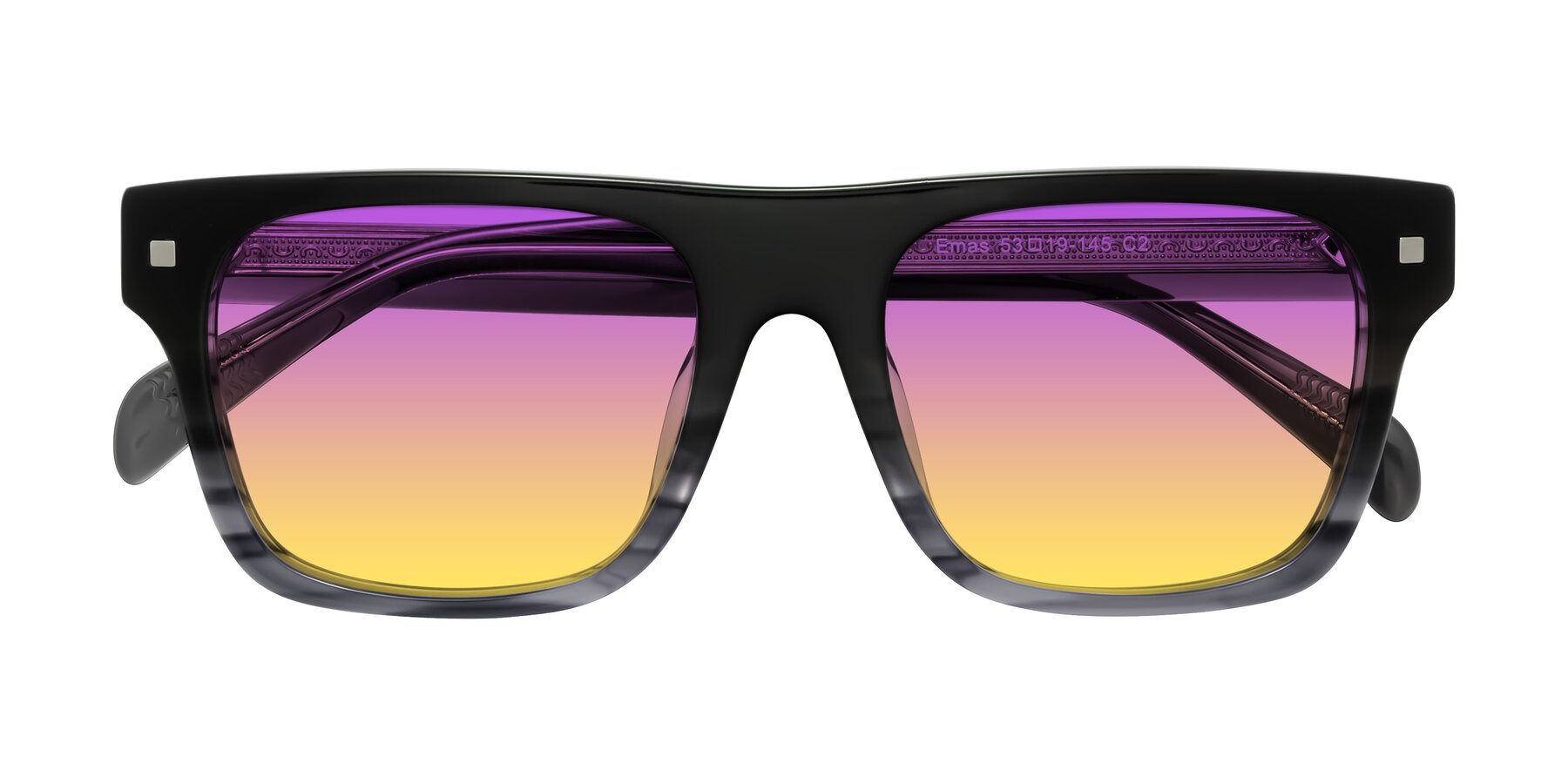 Folded Front of Emas in Gray Striped with Purple / Yellow Gradient Lenses