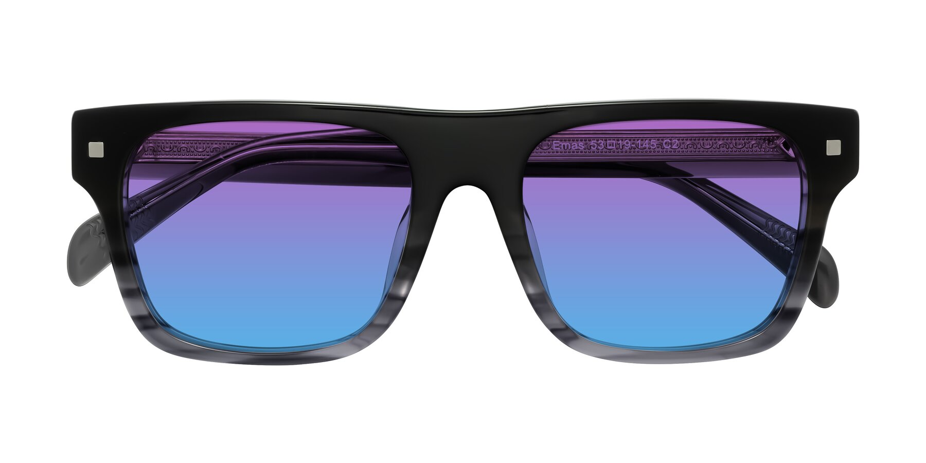 Folded Front of Emas in Gray Striped with Purple / Blue Gradient Lenses