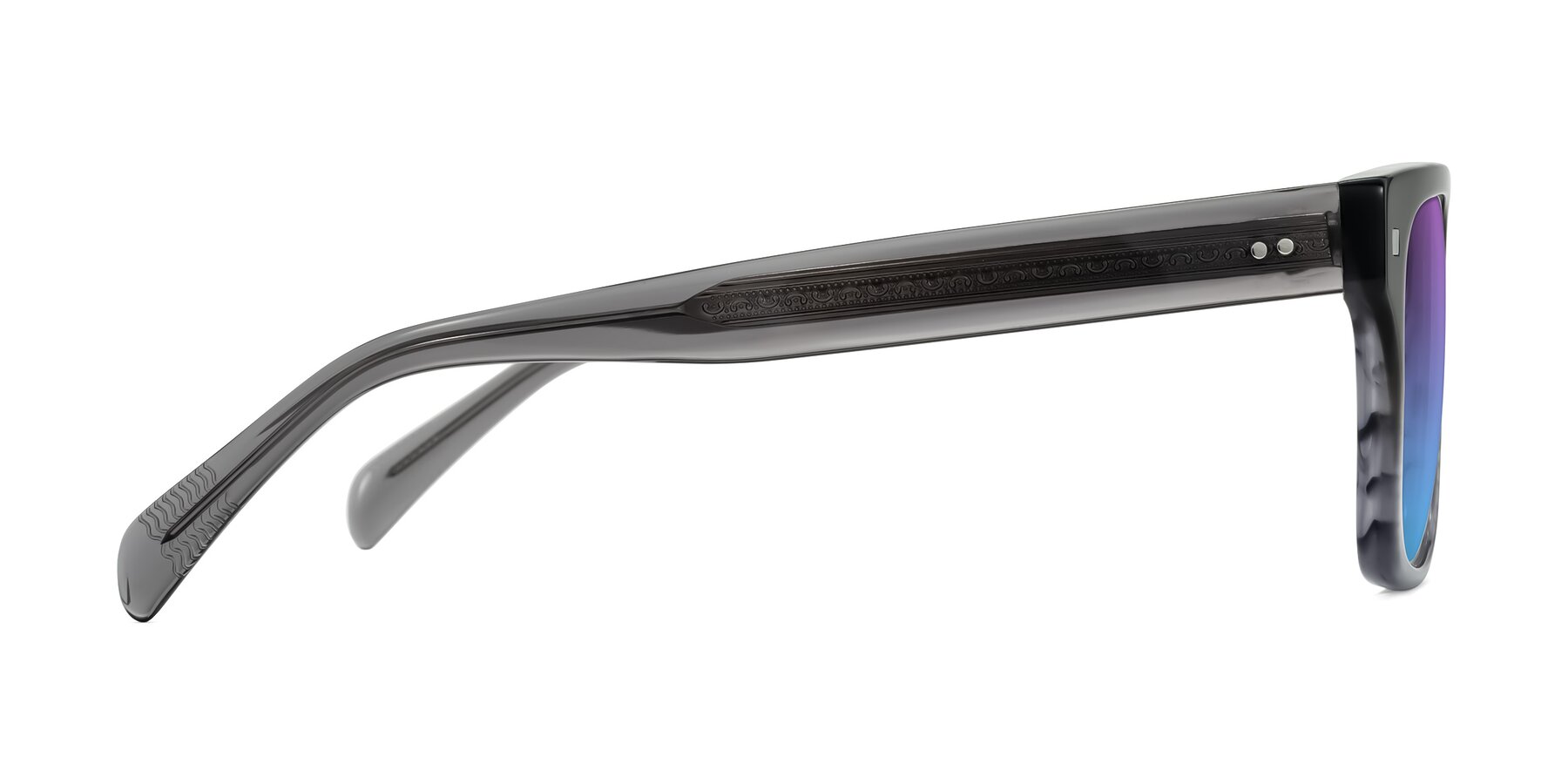 Side of Emas in Gray Striped with Purple / Blue Gradient Lenses