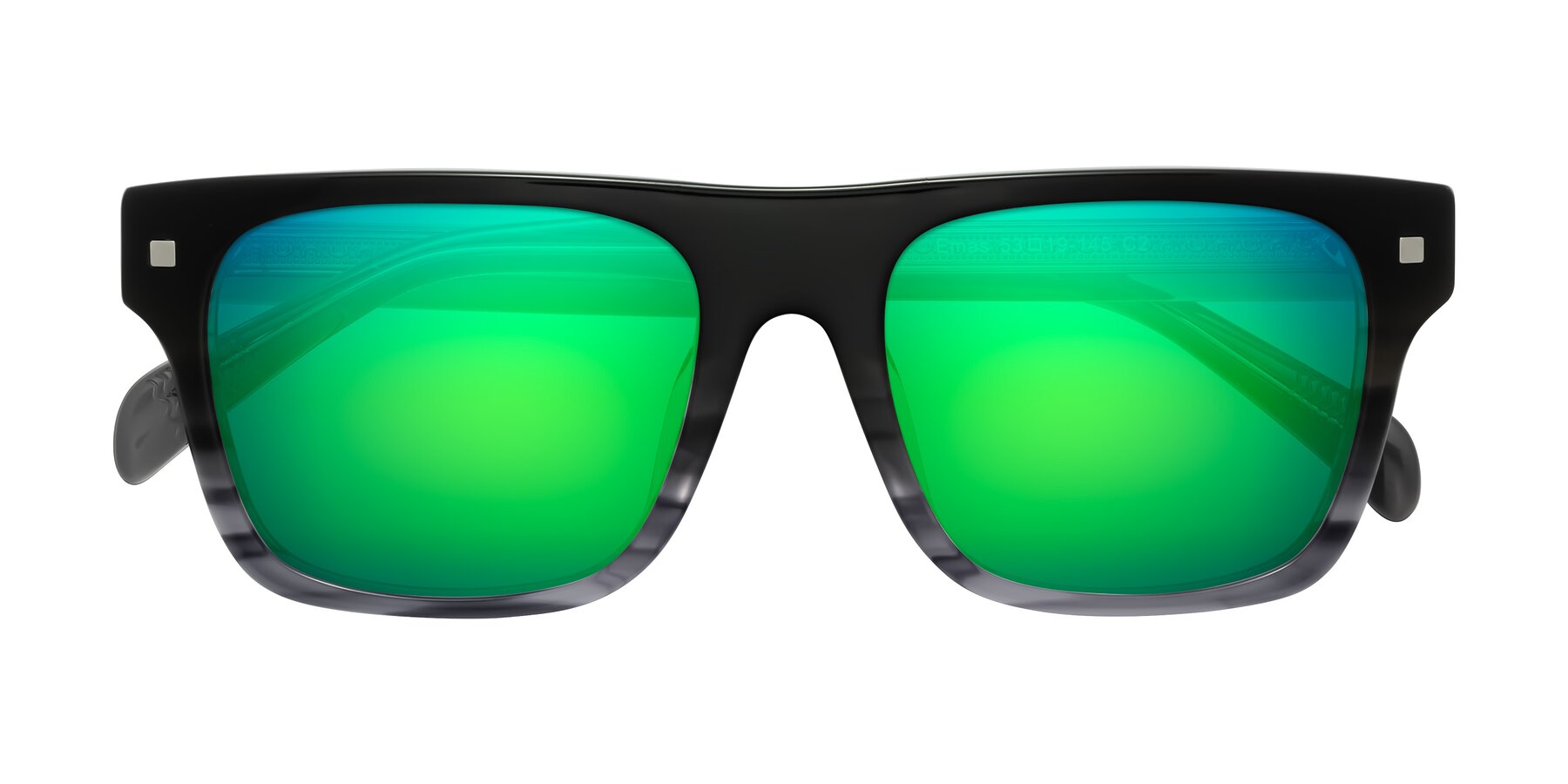 Folded Front of Emas in Gray Striped with Green Mirrored Lenses