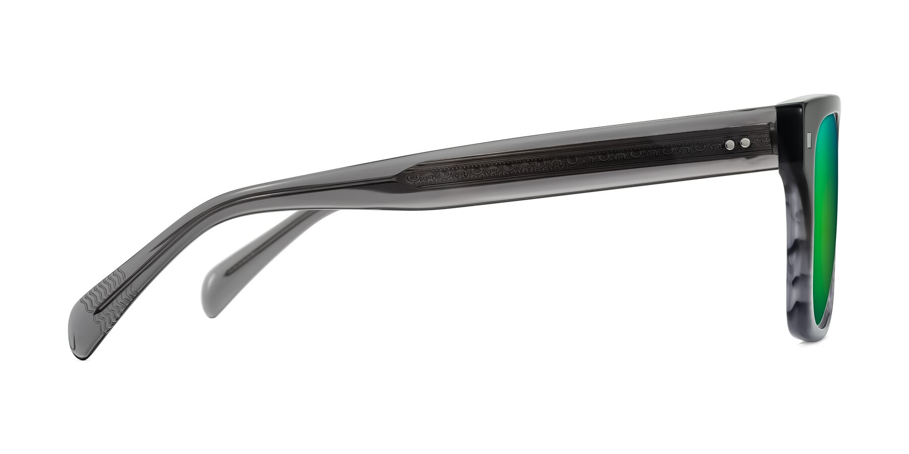 Side of Emas in Gray Striped with Green Mirrored Lenses