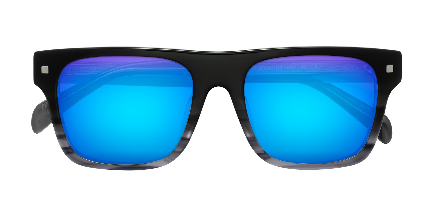 Folded Front of Emas in Gray Striped with Blue Mirrored Lenses