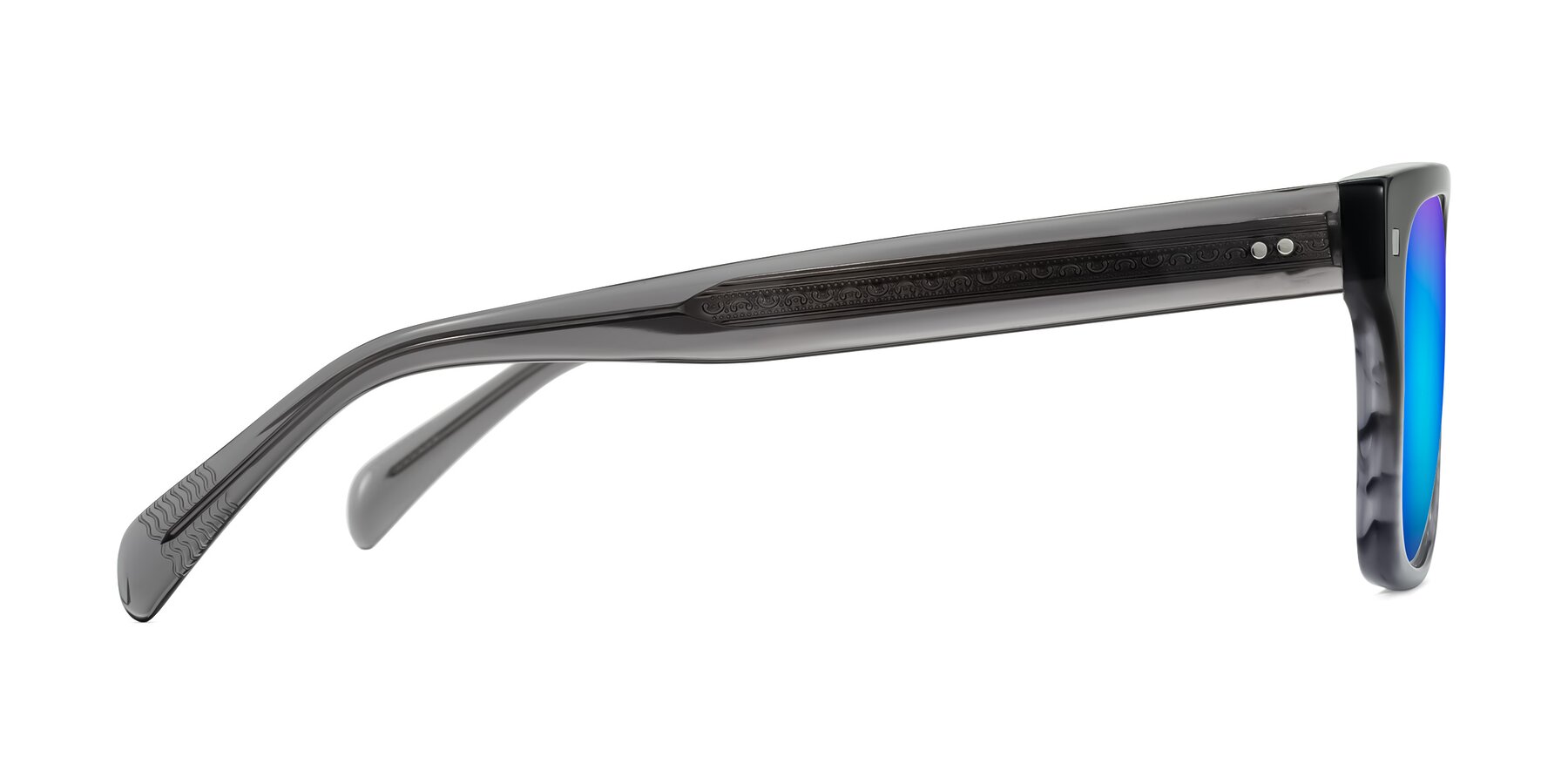 Side of Emas in Gray Striped with Blue Mirrored Lenses