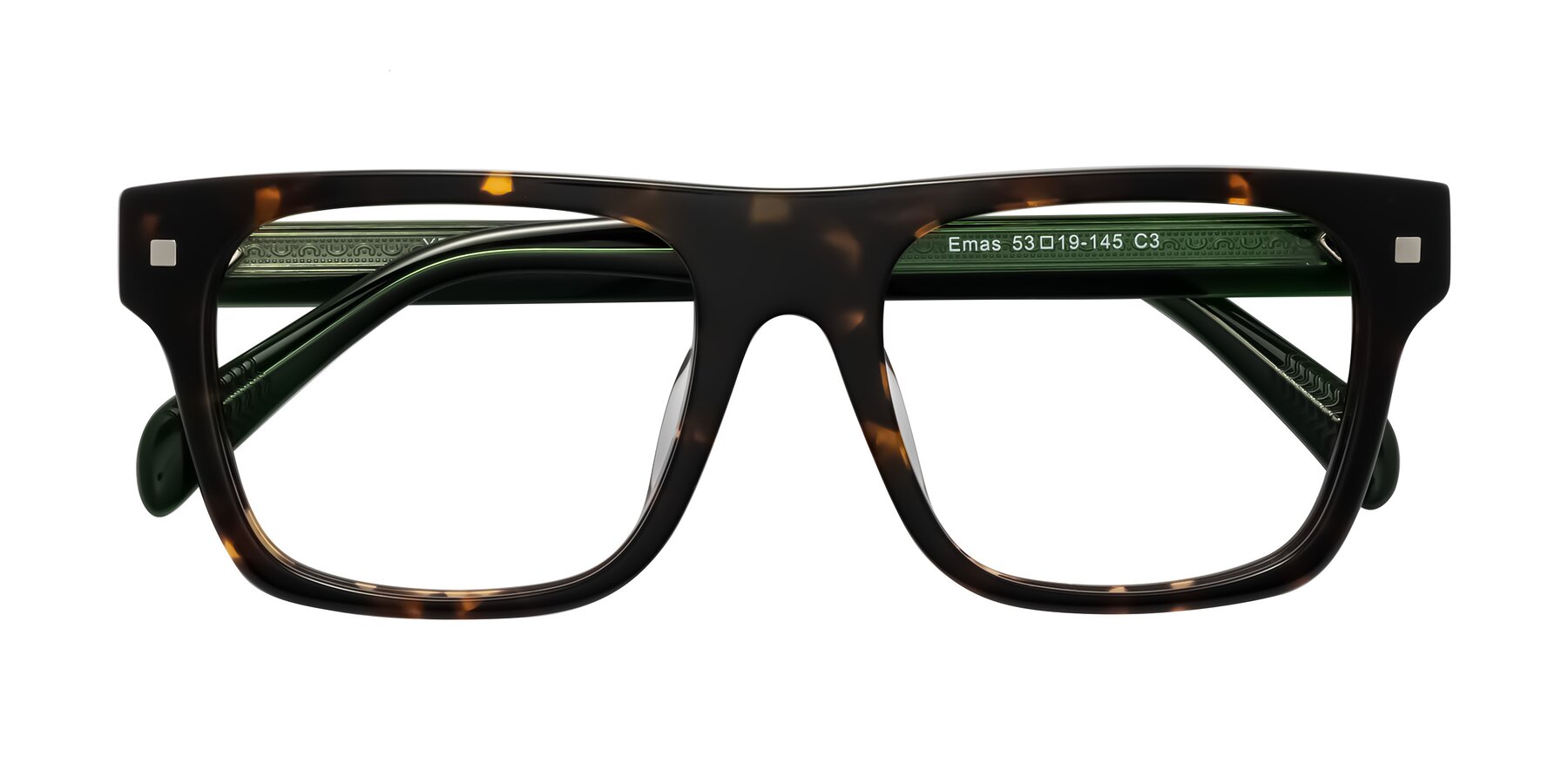 Folded Front of Emas in Tortoise/Green with Clear Eyeglass Lenses