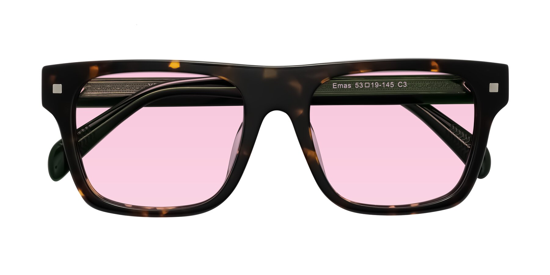 Folded Front of Emas in Tortoise/Green with Light Pink Tinted Lenses