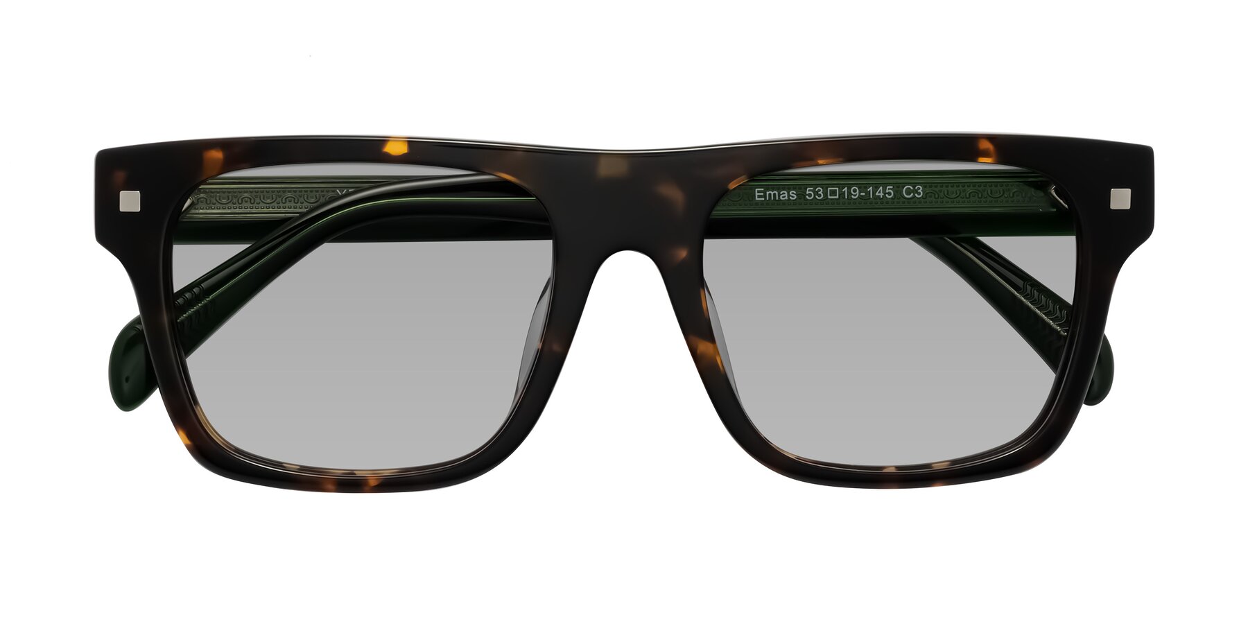 Folded Front of Emas in Tortoise/Green with Light Gray Tinted Lenses
