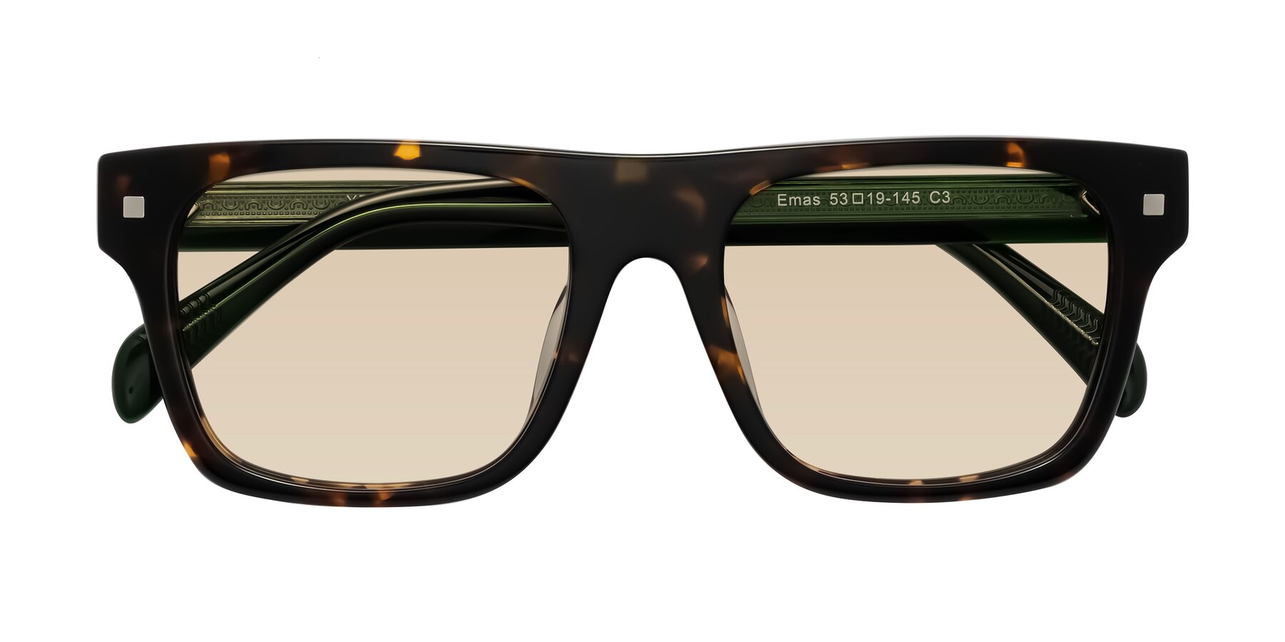 Folded Front of Emas in Tortoise/Green with Light Brown Tinted Lenses