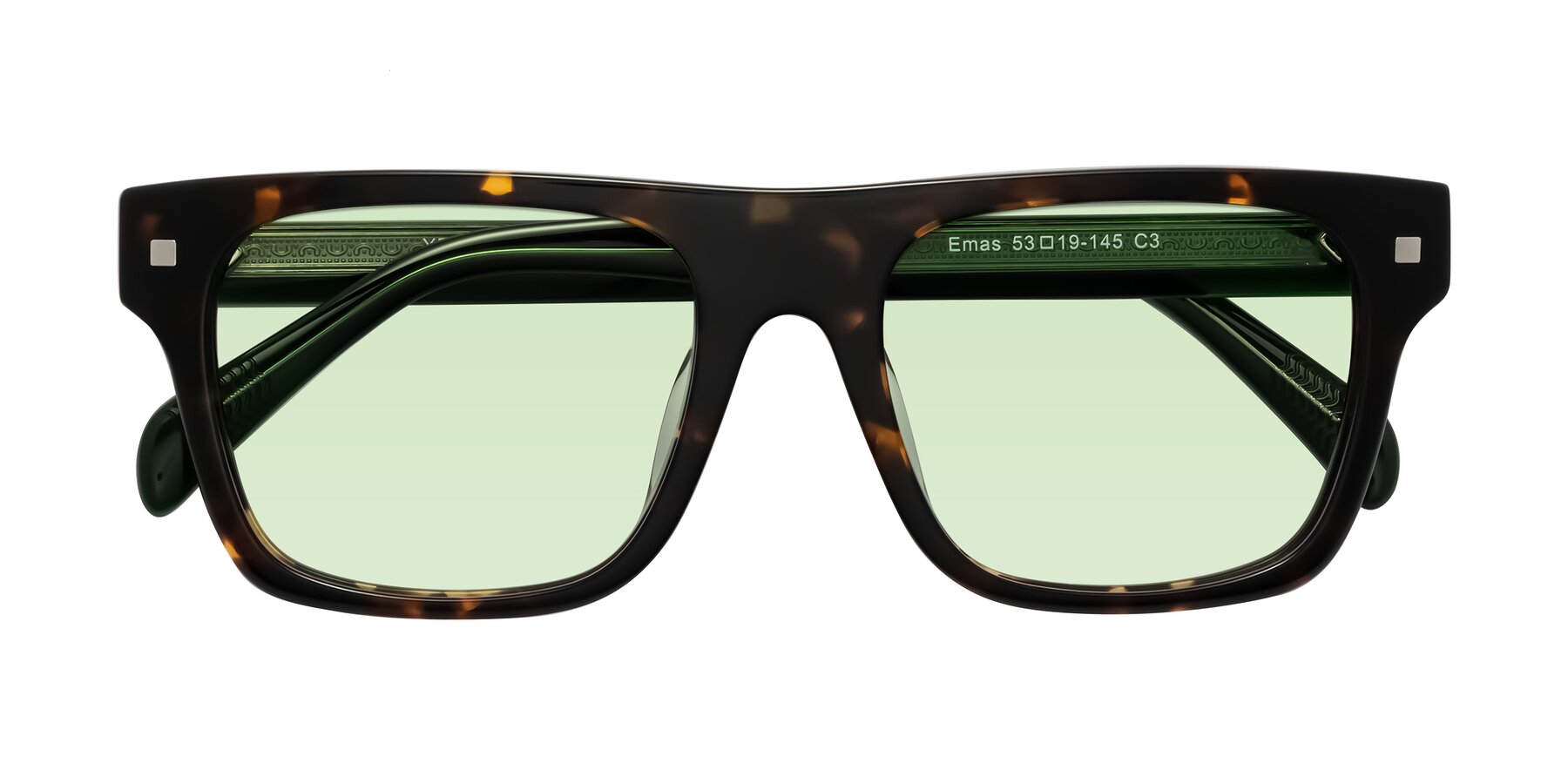 Folded Front of Emas in Tortoise/Green with Light Green Tinted Lenses