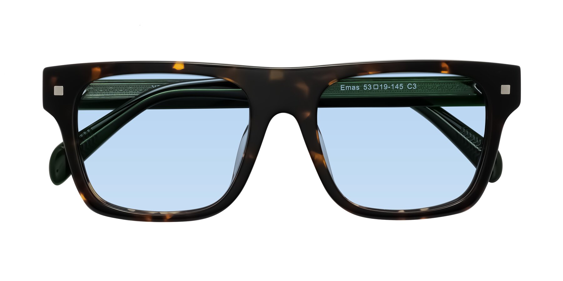 Folded Front of Emas in Tortoise/Green with Light Blue Tinted Lenses