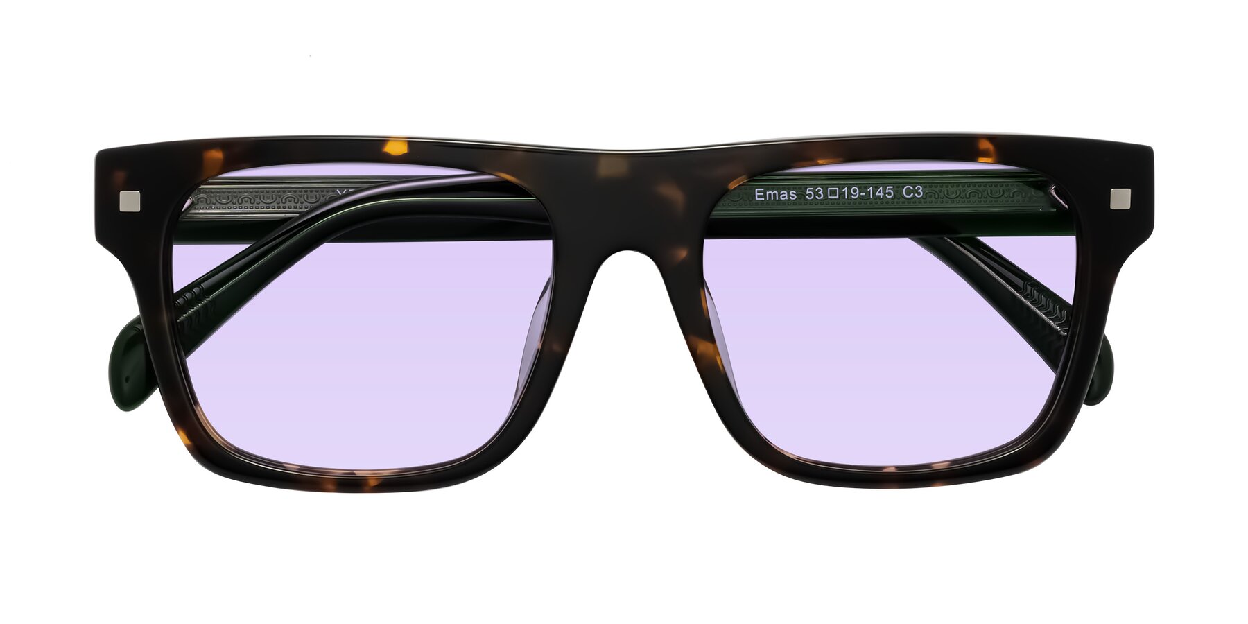 Folded Front of Emas in Tortoise/Green with Light Purple Tinted Lenses