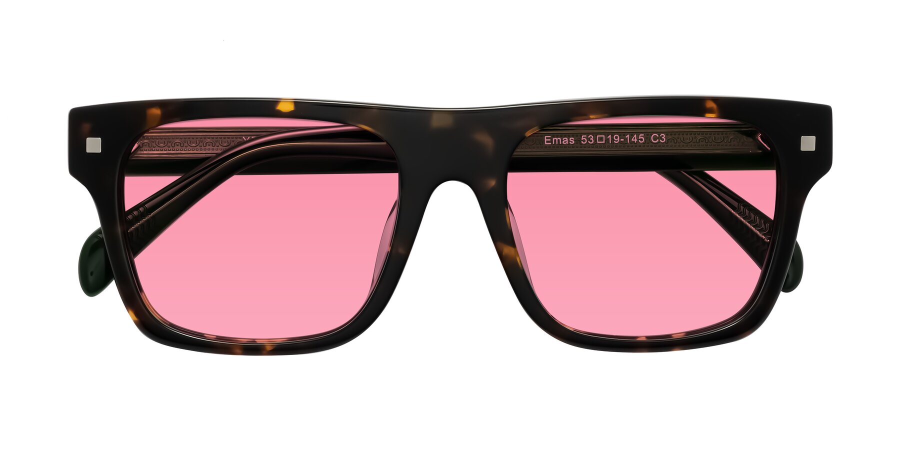 Folded Front of Emas in Tortoise/Green with Pink Tinted Lenses