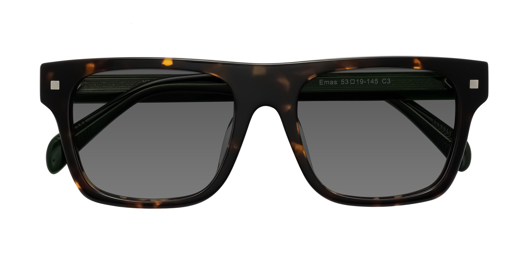 Folded Front of Emas in Tortoise/Green with Medium Gray Tinted Lenses