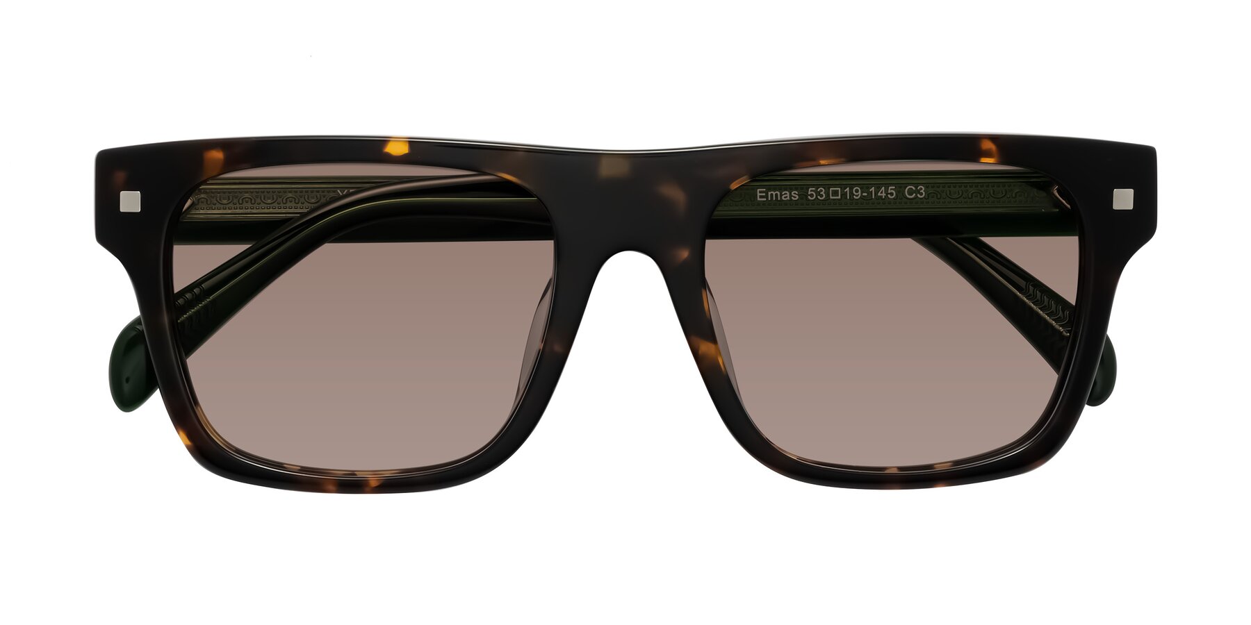 Folded Front of Emas in Tortoise/Green with Medium Brown Tinted Lenses