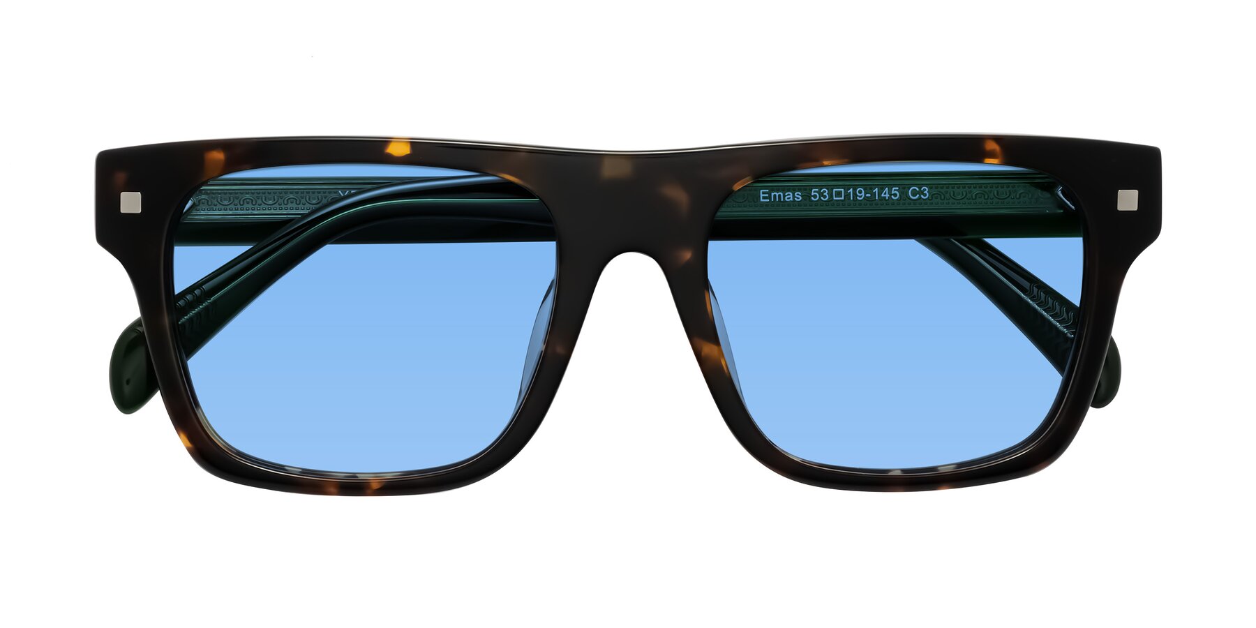 Folded Front of Emas in Tortoise/Green with Medium Blue Tinted Lenses