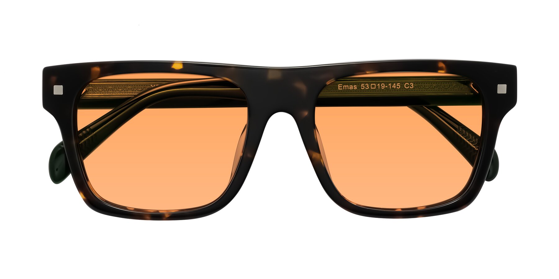 Folded Front of Emas in Tortoise/Green with Medium Orange Tinted Lenses