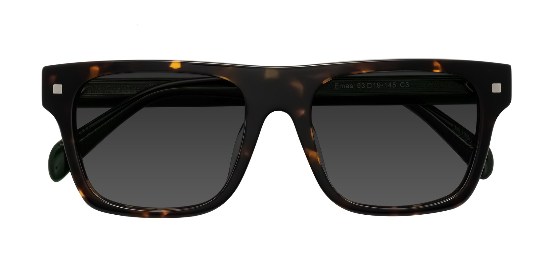 Folded Front of Emas in Tortoise/Green with Gray Tinted Lenses