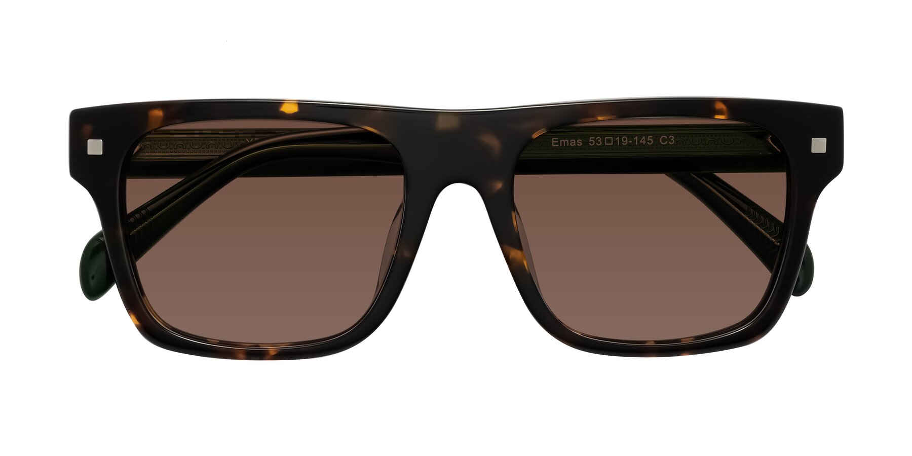Folded Front of Emas in Tortoise/Green with Brown Tinted Lenses