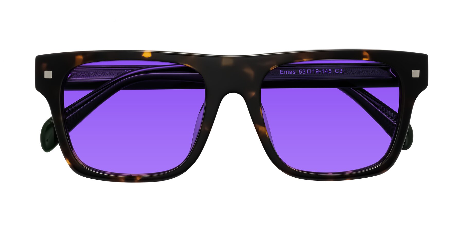 Folded Front of Emas in Tortoise/Green with Purple Tinted Lenses