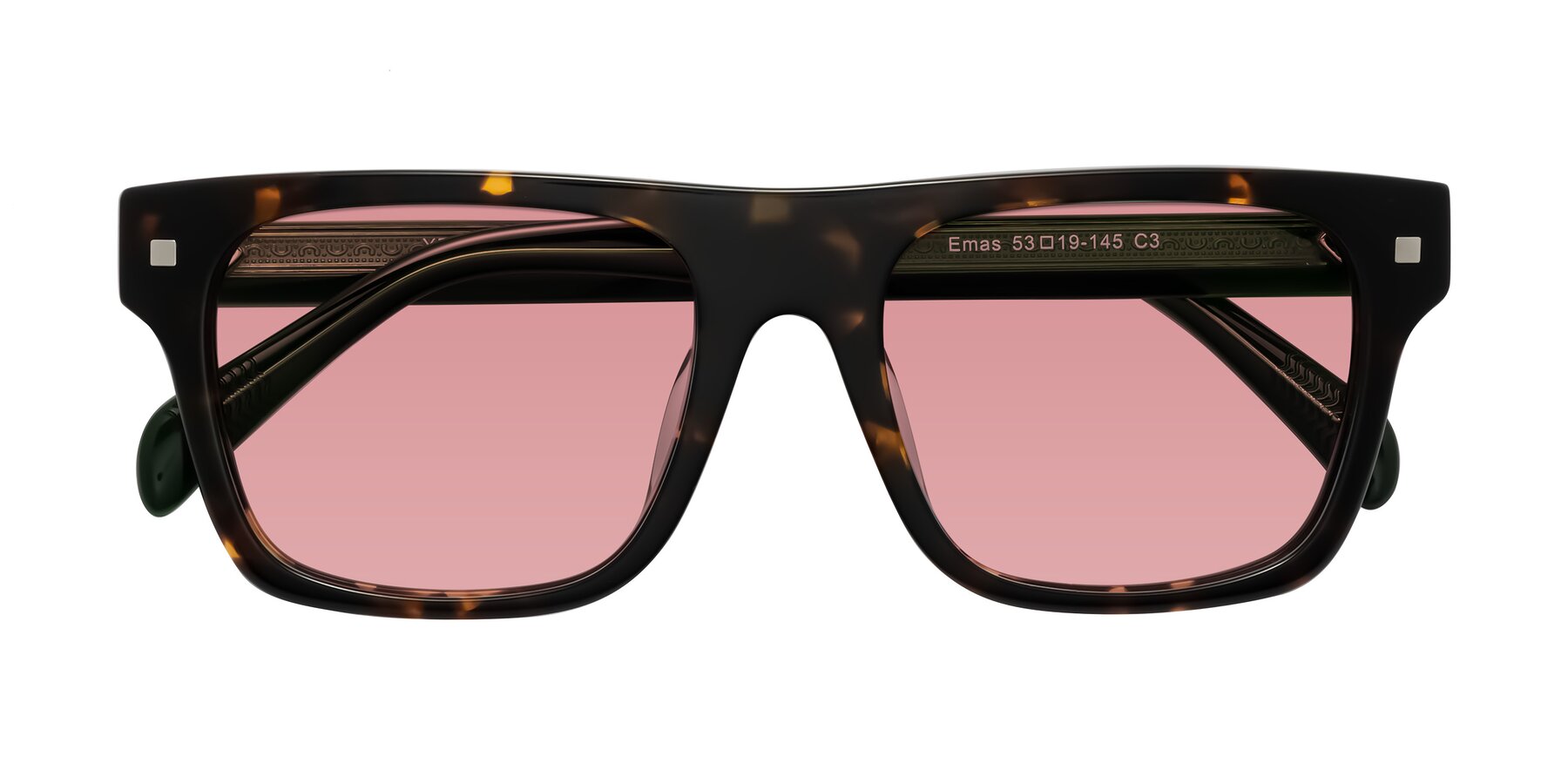 Folded Front of Emas in Tortoise/Green with Medium Garnet Tinted Lenses