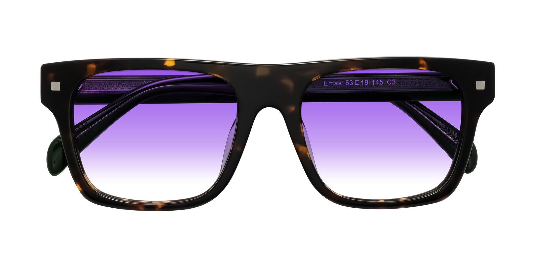 Folded Front of Emas in Tortoise/Green with Purple Gradient Lenses