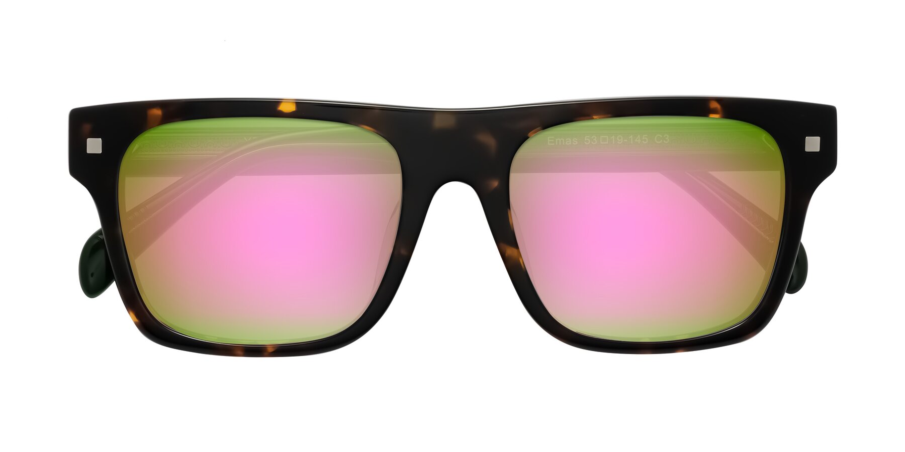 Folded Front of Emas in Tortoise/Green with Pink Mirrored Lenses