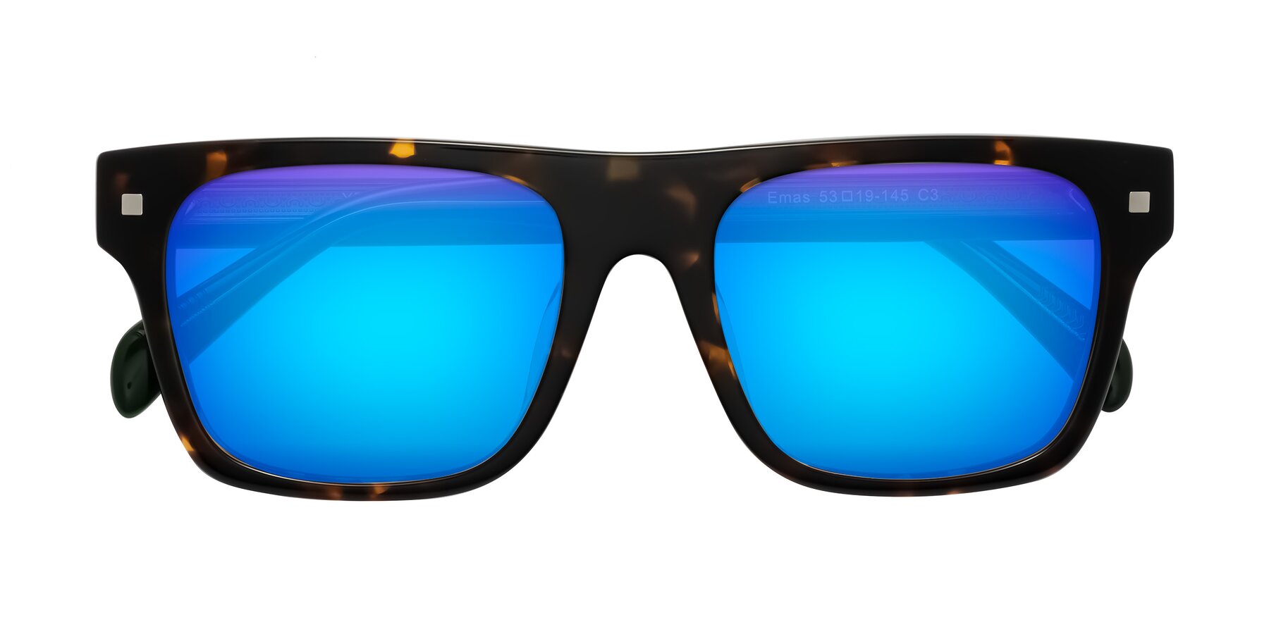 Folded Front of Emas in Tortoise/Green with Blue Mirrored Lenses
