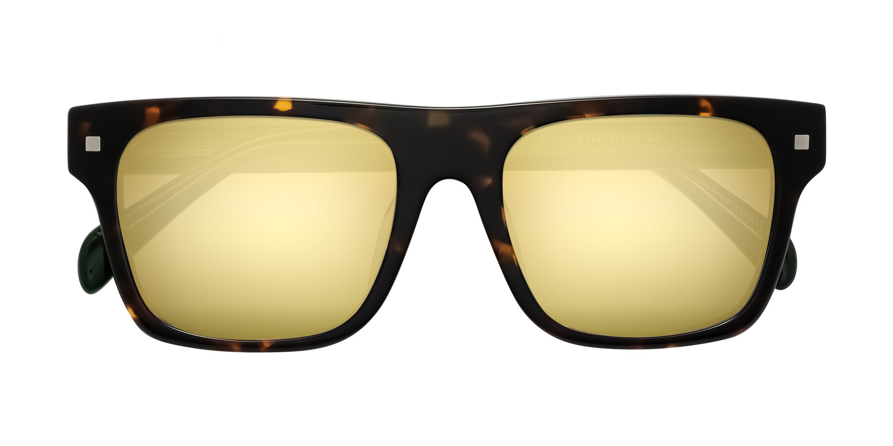 Folded Front of Emas in Tortoise/Green with Gold Mirrored Lenses