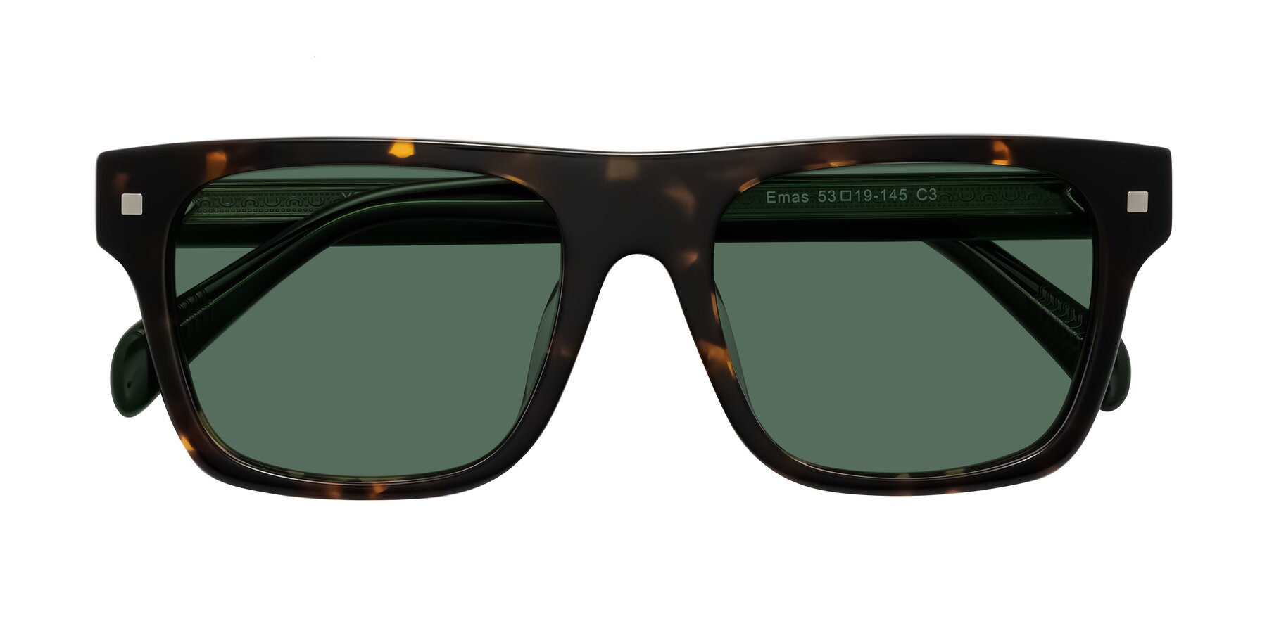 Folded Front of Emas in Tortoise/Green with Green Polarized Lenses