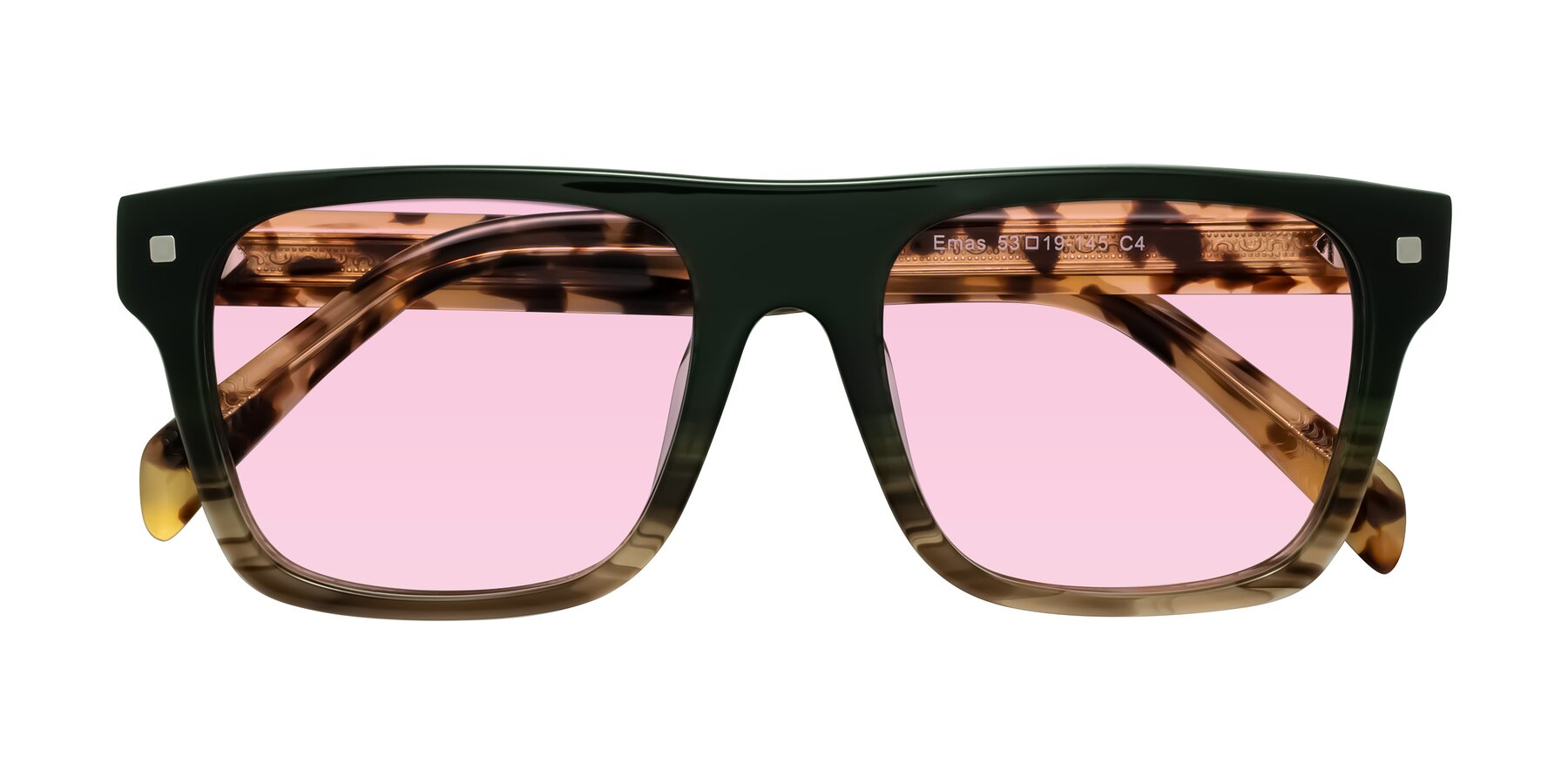 Folded Front of Emas in Green Brown Striped/Honey Tortoise with Light Pink Tinted Lenses