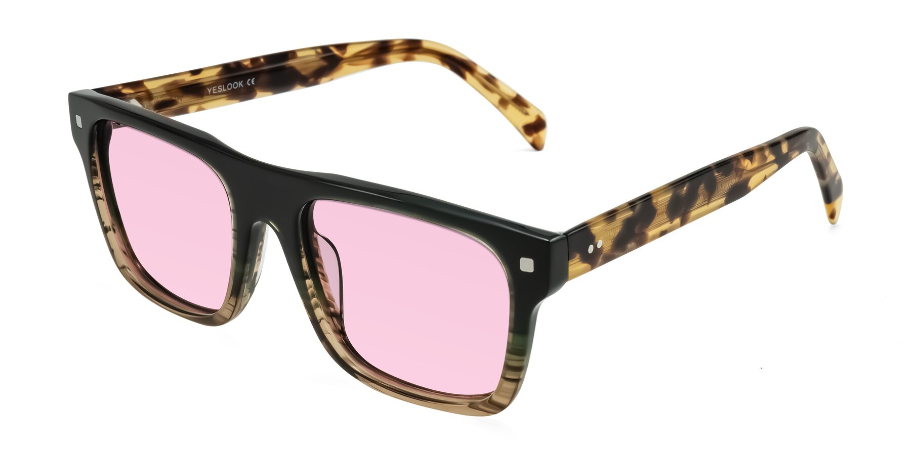 Angle of Emas in Green Brown Striped/Honey Tortoise with Light Pink Tinted Lenses