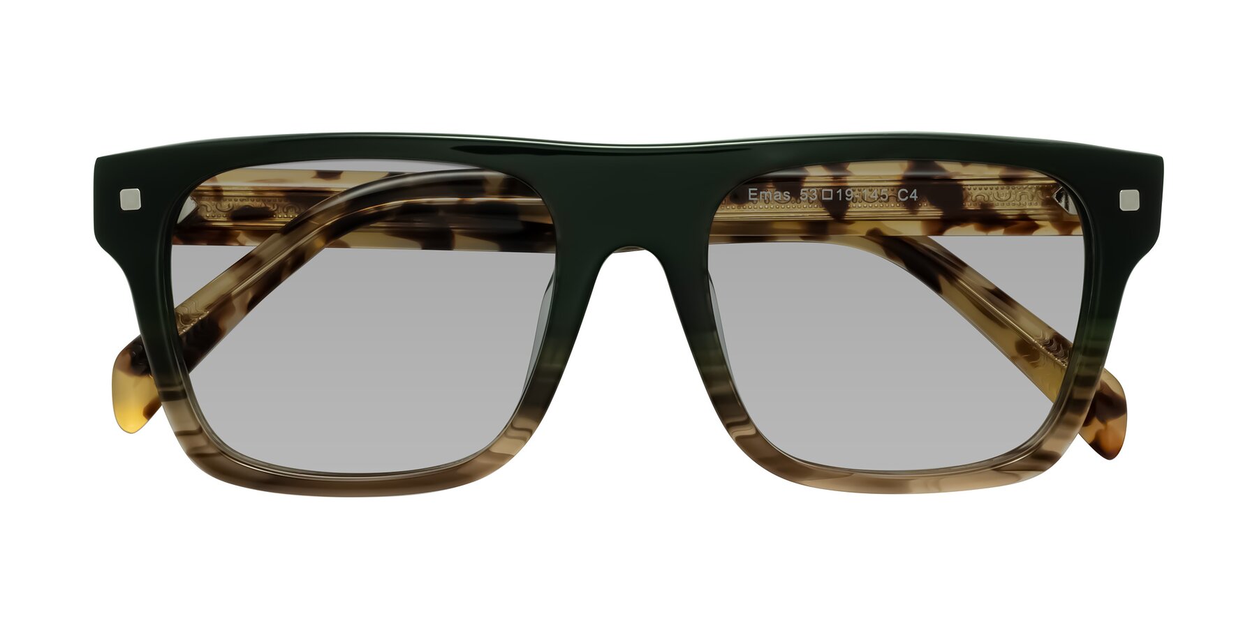 Folded Front of Emas in Green Brown Striped/Honey Tortoise with Light Gray Tinted Lenses
