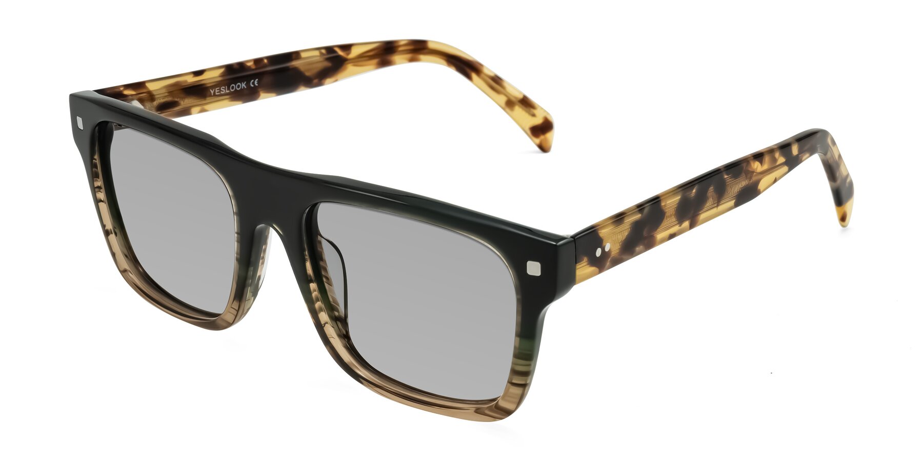 Angle of Emas in Green Brown Striped/Honey Tortoise with Light Gray Tinted Lenses