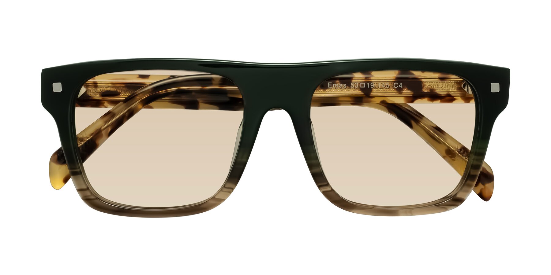 Folded Front of Emas in Green Brown Striped/Honey Tortoise with Light Brown Tinted Lenses