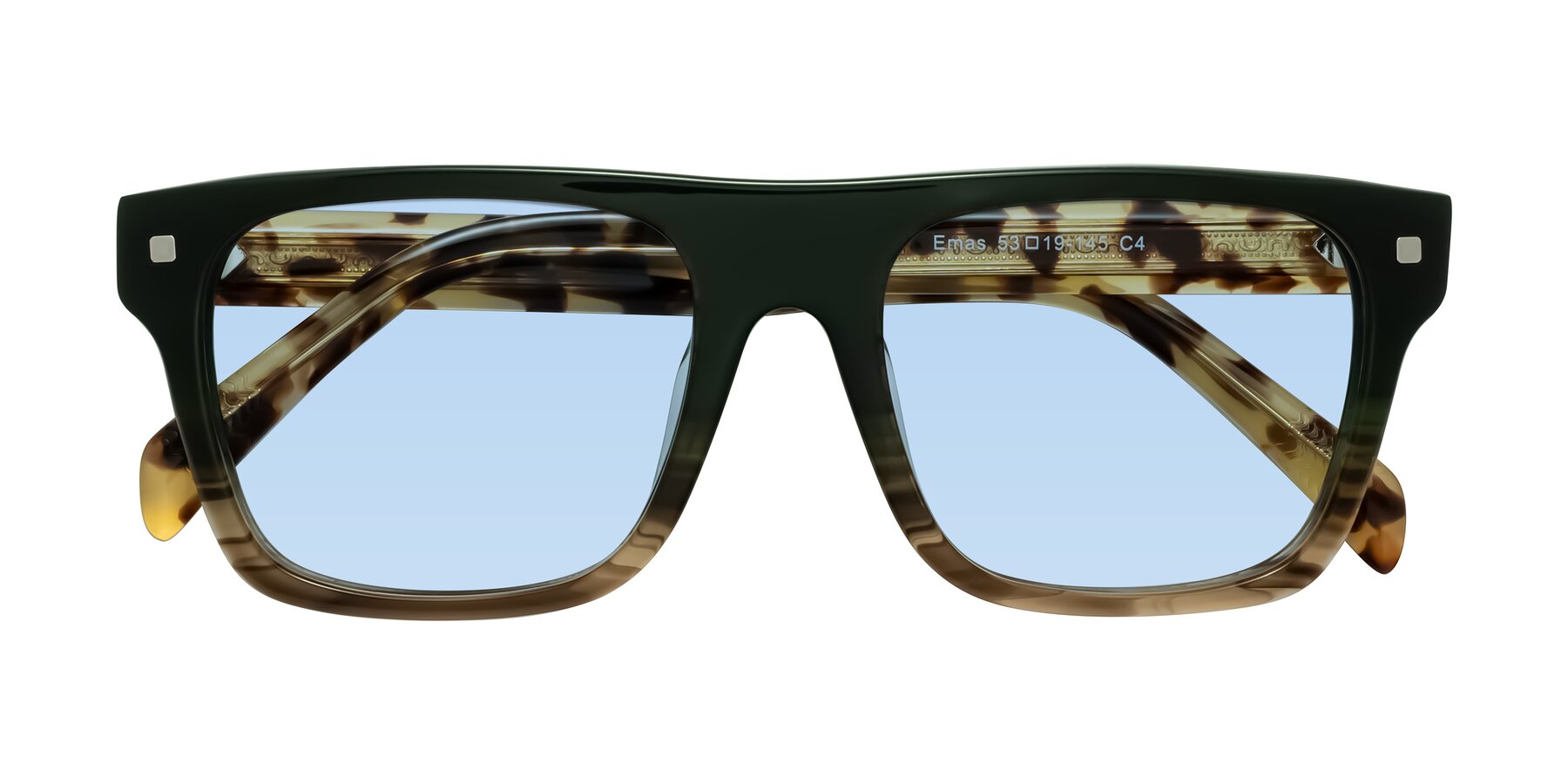 Folded Front of Emas in Green Brown Striped/Honey Tortoise with Light Blue Tinted Lenses
