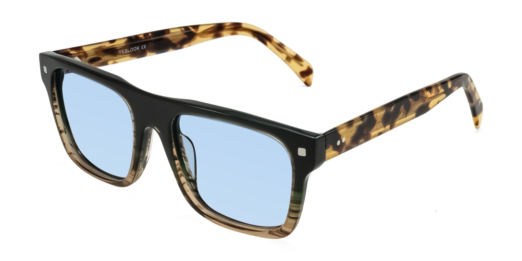Angle of Emas in Green Brown Striped/Honey Tortoise with Light Blue Tinted Lenses