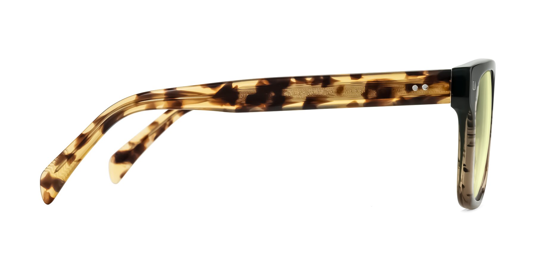Side of Emas in Green Brown Striped/Honey Tortoise with Light Yellow Tinted Lenses