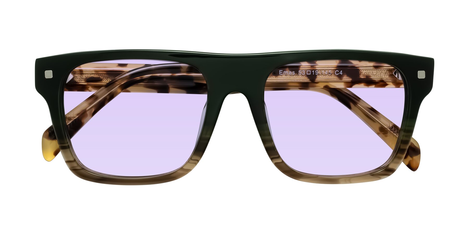 Folded Front of Emas in Green Brown Striped/Honey Tortoise with Light Purple Tinted Lenses
