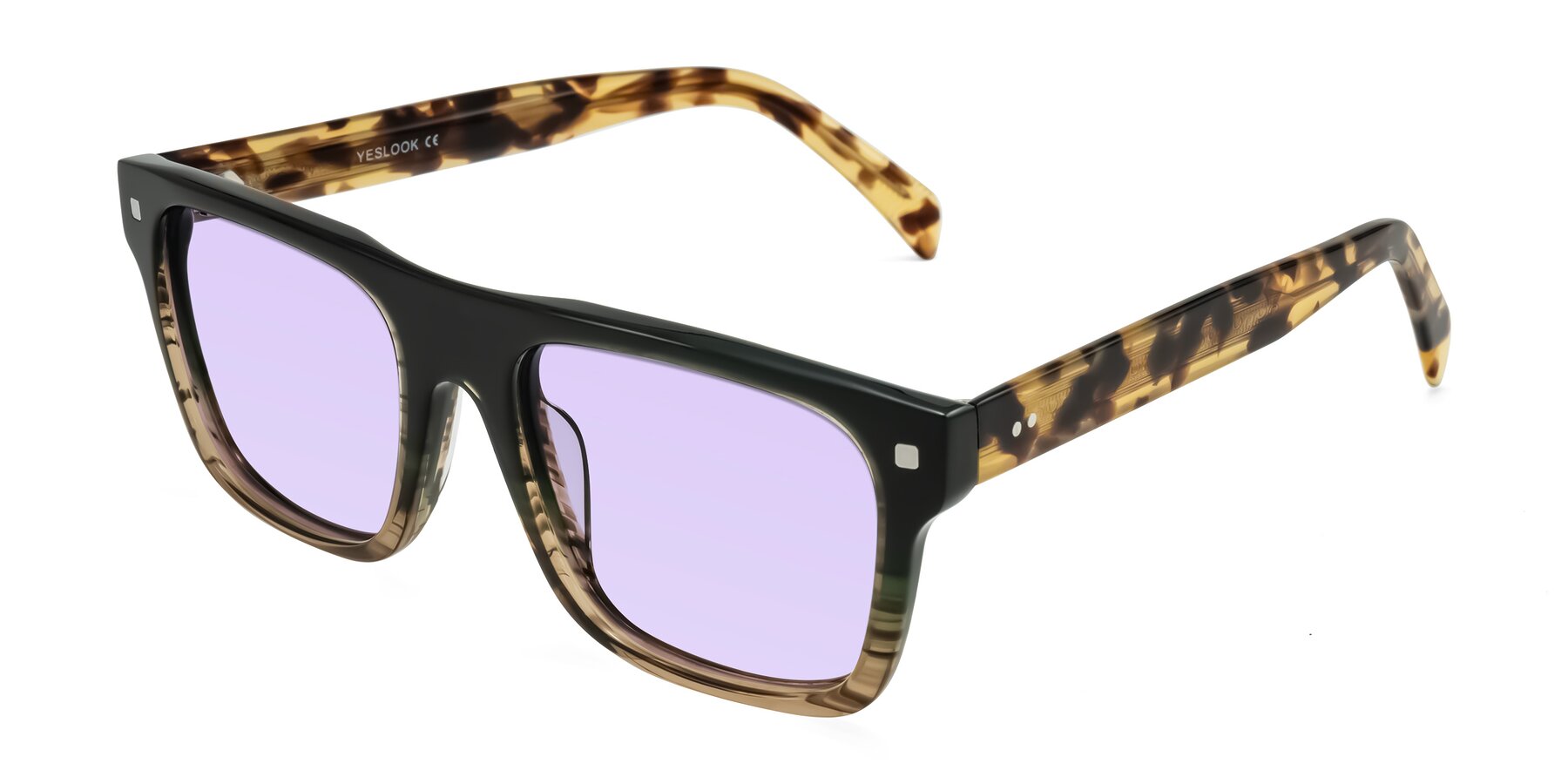 Angle of Emas in Green Brown Striped/Honey Tortoise with Light Purple Tinted Lenses